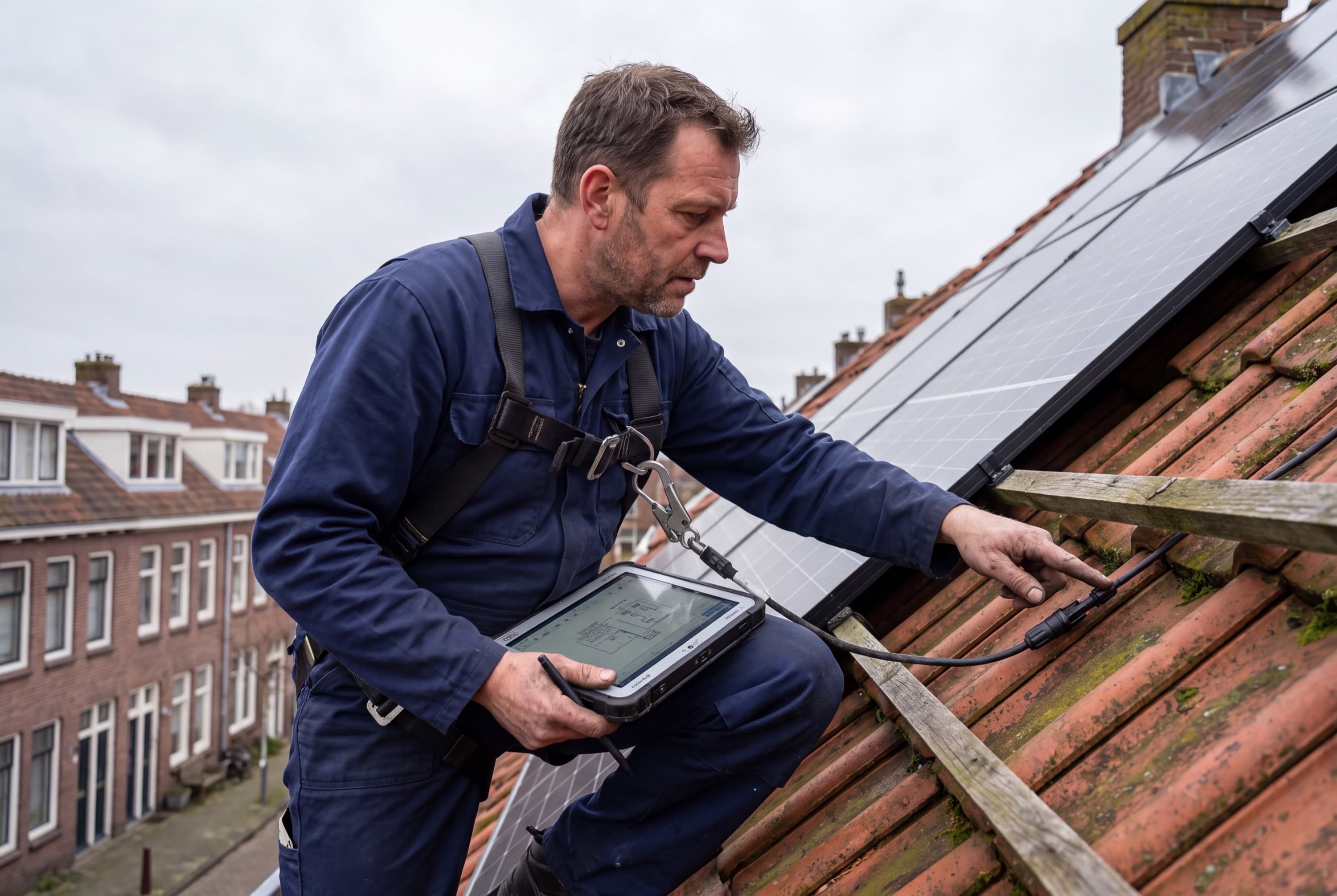 Elektricien controleert een zonnepaneleninstallatie op een dak in de omgeving van Tilburg
