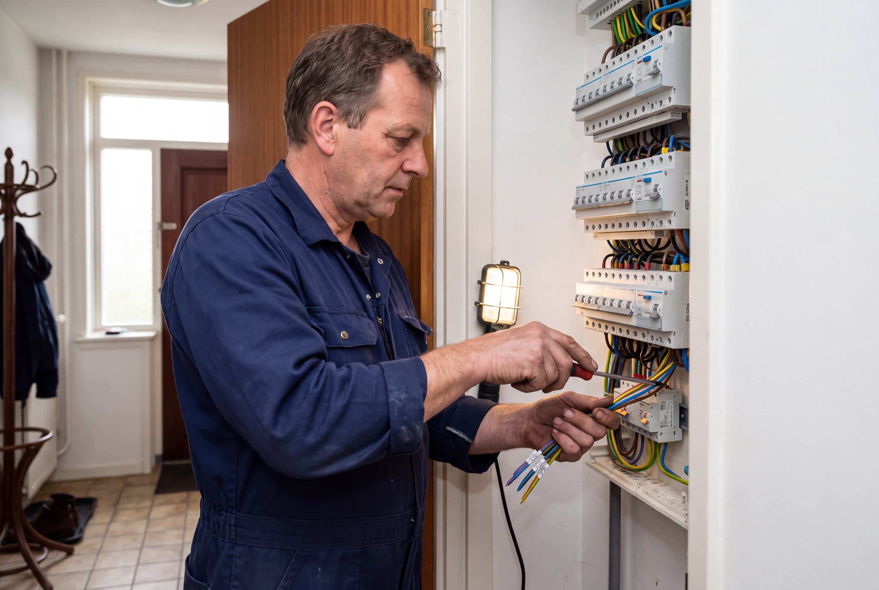 Elektricien controleert de groepenkast in een Nederlandse meterkast